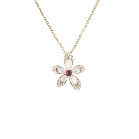 18K Rose Gold Tiare Diamond, Mother of Pearl, & Rubellite Flower Pendant Necklace