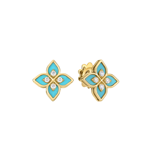 18K Yellow Gold, Diamond, & Blue Enamel Venetian Princess Earrings