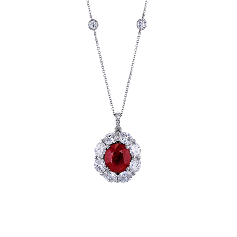Oval Ruby Pendant with Oval Diamond Halo and Diamond Chain