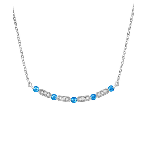 14K White Gold, Diamond, & Blue Topaz Bar Necklace