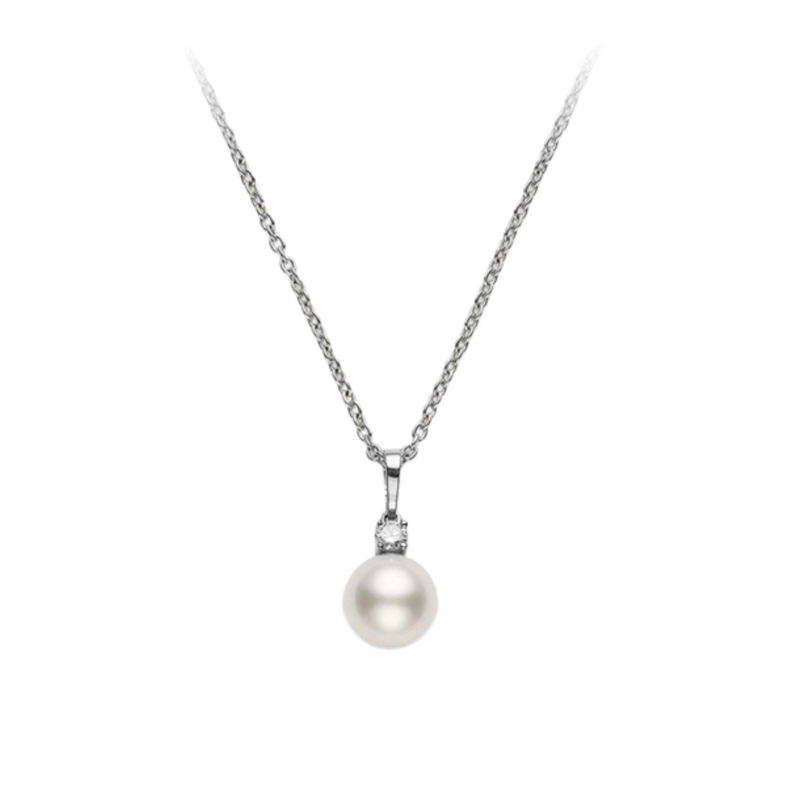 18K White Gold 9-10mm White Pearl & Diamond Drop Pendant