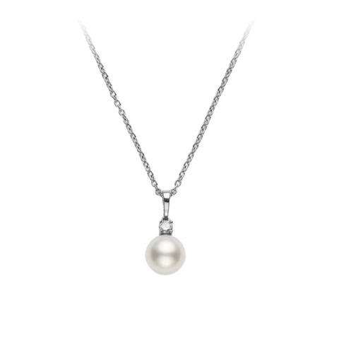 18K White Gold 9-10mm White Pearl & Diamond Drop Pendant