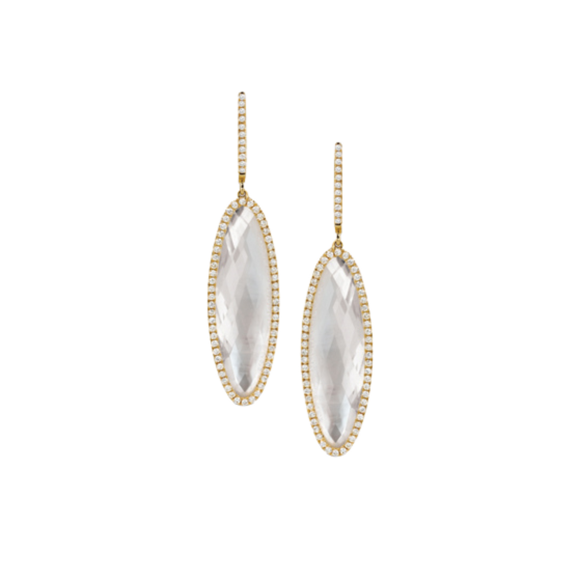 Doves Jewelry - 18K Yellow Gold Diamond & Clear Quartz over White Mother of Pearl Drop Earrings | Manfredi Jewels