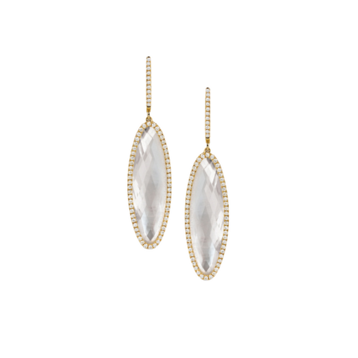 Doves Jewelry - 18K Yellow Gold Diamond & Clear Quartz over White Mother of Pearl Drop Earrings | Manfredi Jewels