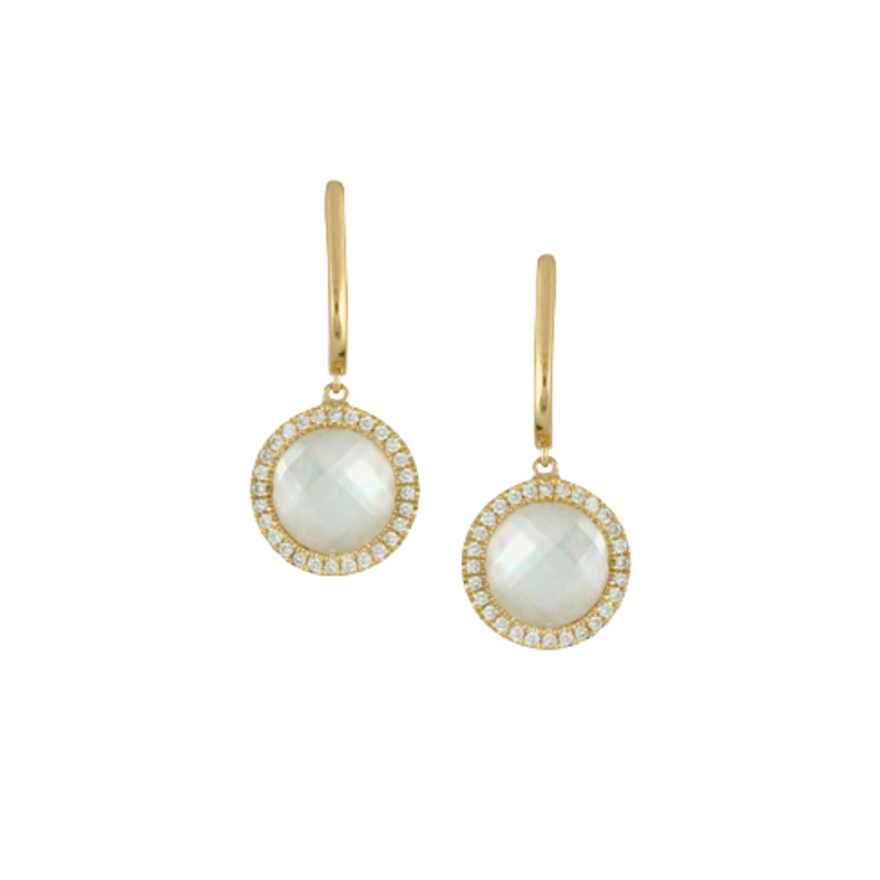 18K Yellow Gold Diamond Earrings with Clear Quartz Over White Mother of Pearl