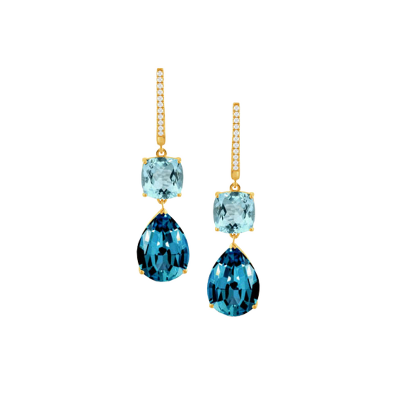 18K Yellow Gold Diamond Earrings with Sky Blue & London Blue Topaz