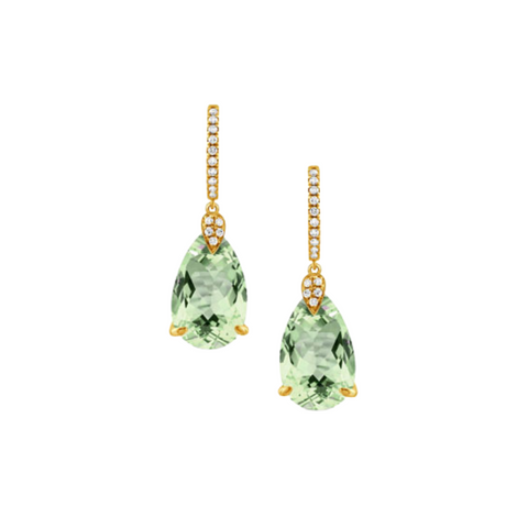 18K Yellow Gold Diamond Earrings with Green Amethyst
