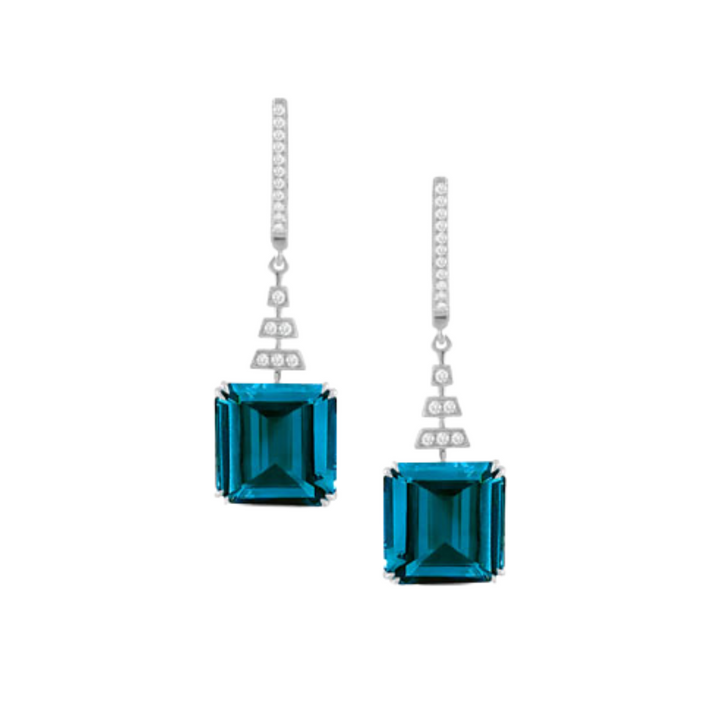 Doves Jewelry - 18K White Gold Diamond Earrings with London Blue Topaz | Manfredi Jewels