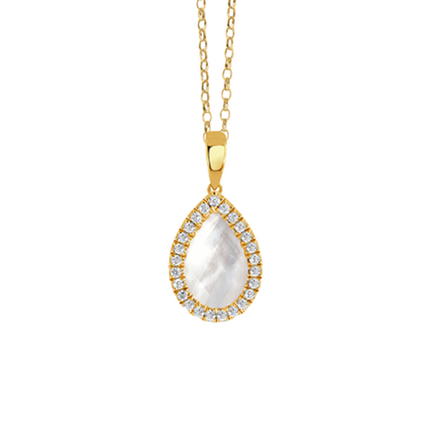 18K Yellow Gold Diamond Pendant With Clear Quartz Over White Mother Of Pearl