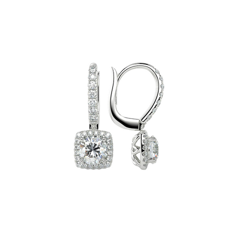 18K White Gold Cushion Cut Diamond Drop Earrings With Halo