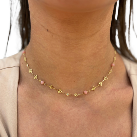 18K Yellow Gold, Diamond, & Pink Opal "Principessa" Necklace