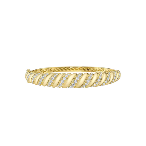 14K Yellow Gold & Diamond Ribbed Bangle