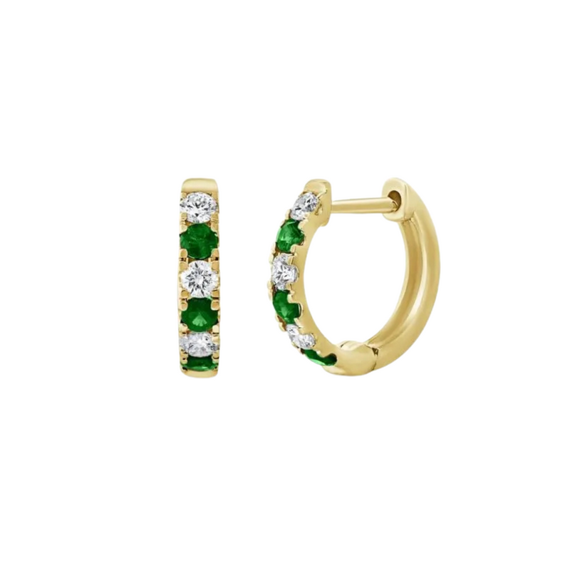 14K Yellow Gold, Diamond, & Emerald Huggie Earrings