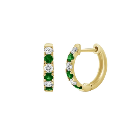 14K Yellow Gold, Diamond, & Emerald Huggie Earrings