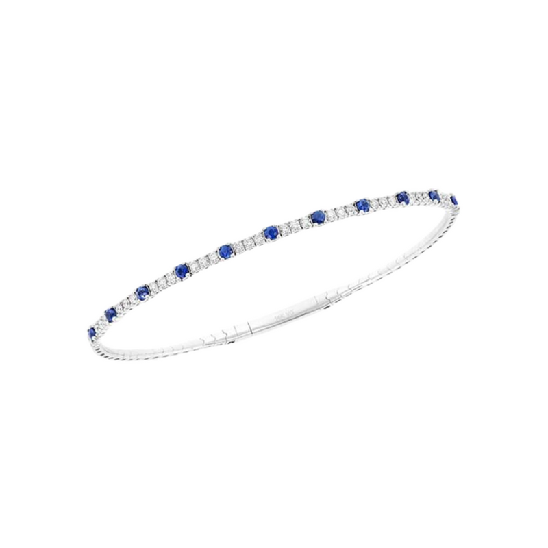 14K White Gold Flexible Bangle With Round Diamonds And Sapphire