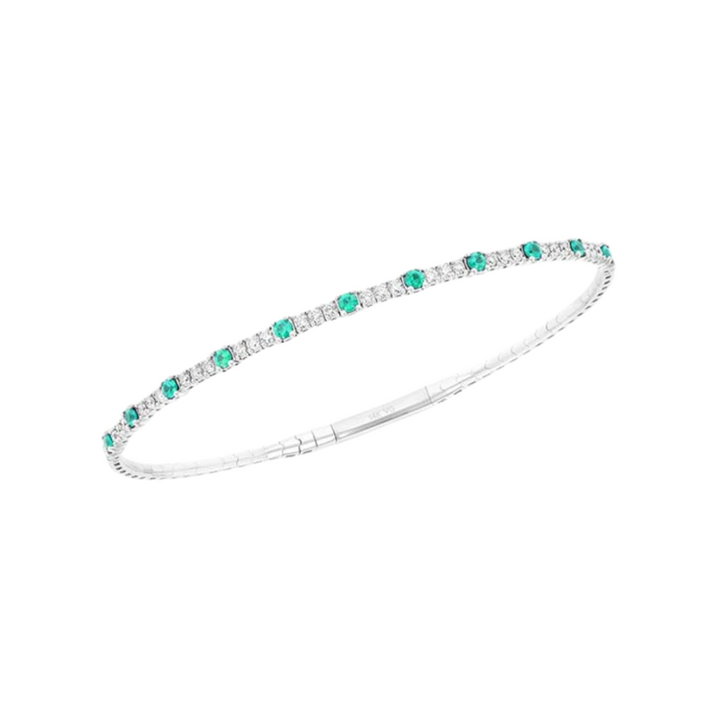 14K White Gold Flexible Bangle With Round Diamonds And Emeralds