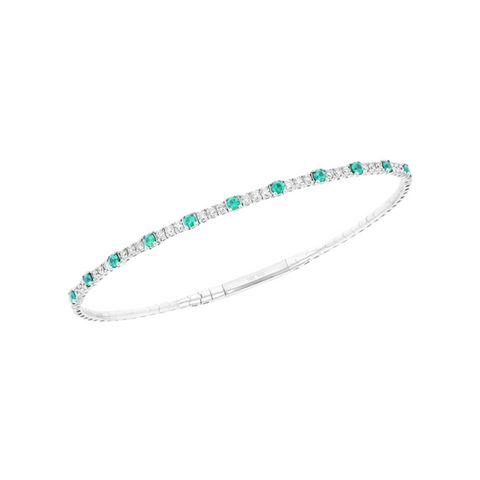 14K White Gold Flexible Bangle With Round Diamonds And Emeralds