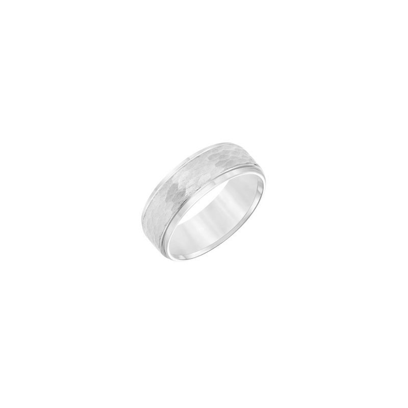 18K White Gold Wedding Band with Hammered Center & Brushed Edges