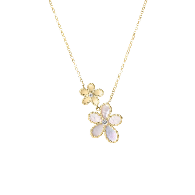18K Yellow Gold Jasmine Diamond & Mother Of Pearl Double Flower Necklace