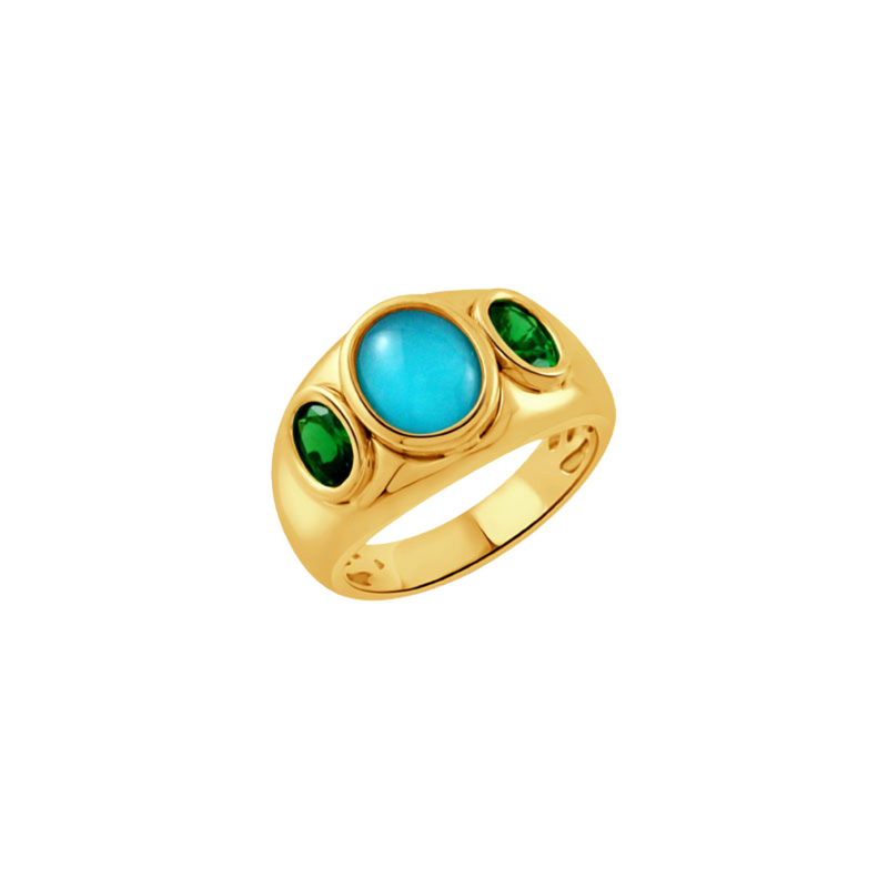 18K Yellow Gold Diamond Ring With Tsavorite And Cabochon Cut Clear Quartz Over Turquoise Center