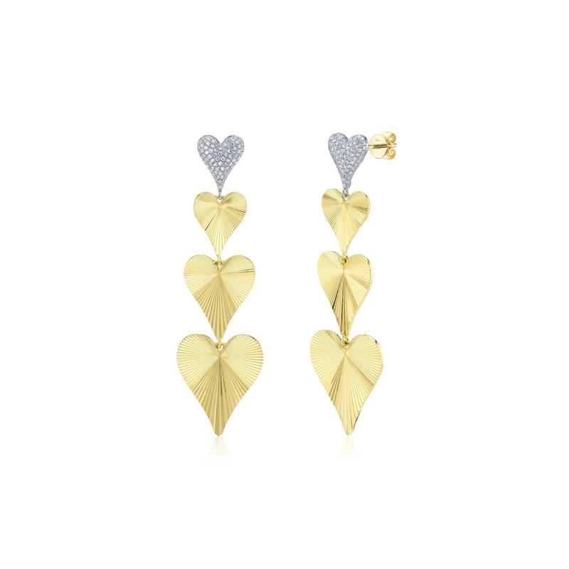 14K Yellow Gold 0.35ct Diamond Pave Ribbed Heart Earring
