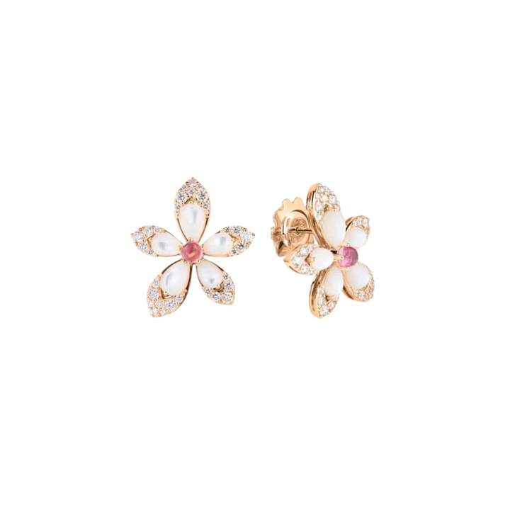 Roberto Coin Jewelry - 18K Rose Gold Tiare Diamond Pearl & Rubellite Stud Earrings | Manfredi Jewels