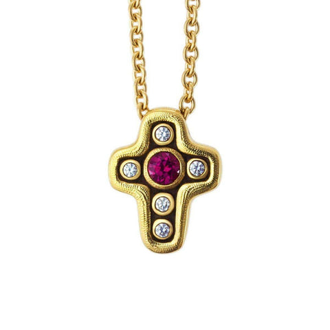 Cross 18K Yellow Gold Ruby Diamond Pendant Necklace