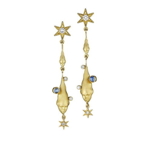Anthony Lent Jewelry - Cabochan Sapphire And Diamond Printed 18K Yellow Gold Lady Earrings | Manfredi Jewels