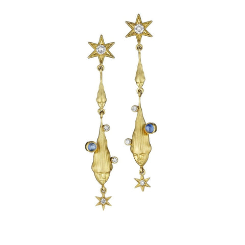 Cabochan Sapphire And Diamond Printed 18K Yellow Gold Lady Earrings