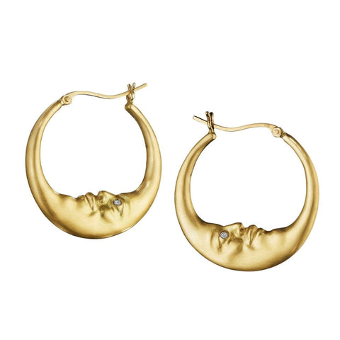 Crescent Moonface 18K Yellow Gold Large Hoop Earrings