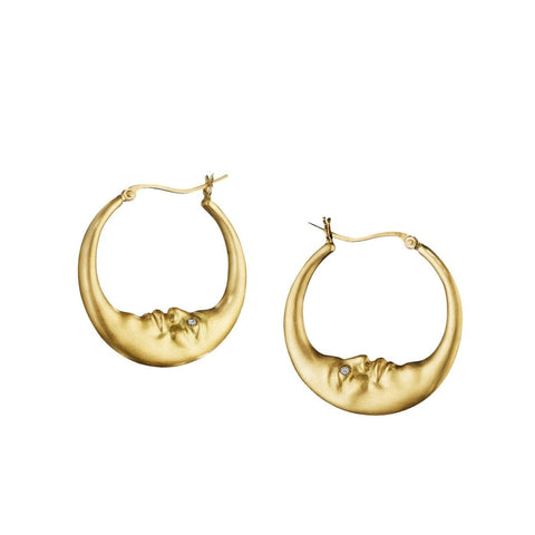 Crescent Moonface 18K Yellow Gold Medium Hoop Earrings