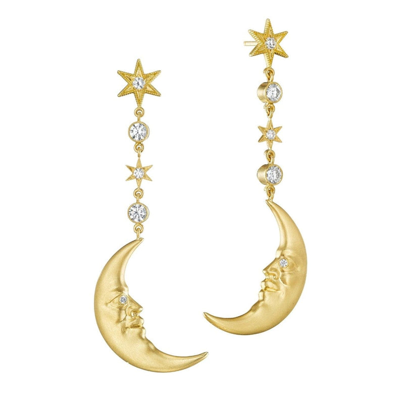 Anthony Lent Jewelry - Hanging Crescent Moonface 18K Yellow Gold Diamond Eye Earrings | Manfredi Jewels