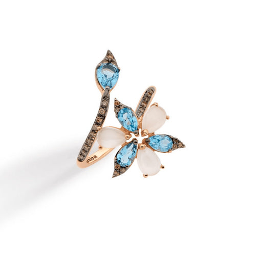 Brumani Jewelry - Botanica 18K Rose Gold Blue Topaz and Moonstone Flower & Leaf Ring | Manfredi Jewels