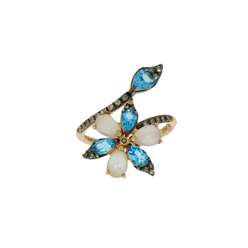 Brumani Jewelry - Botanica 18K Rose Gold Blue Topaz and Moonstone Flower & Leaf Ring | Manfredi Jewels