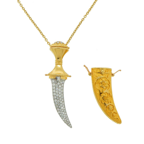 Carrera Y Jewelry - Diamond encrusted Dagger and Sheath Gold Pendant | Manfredi Jewels