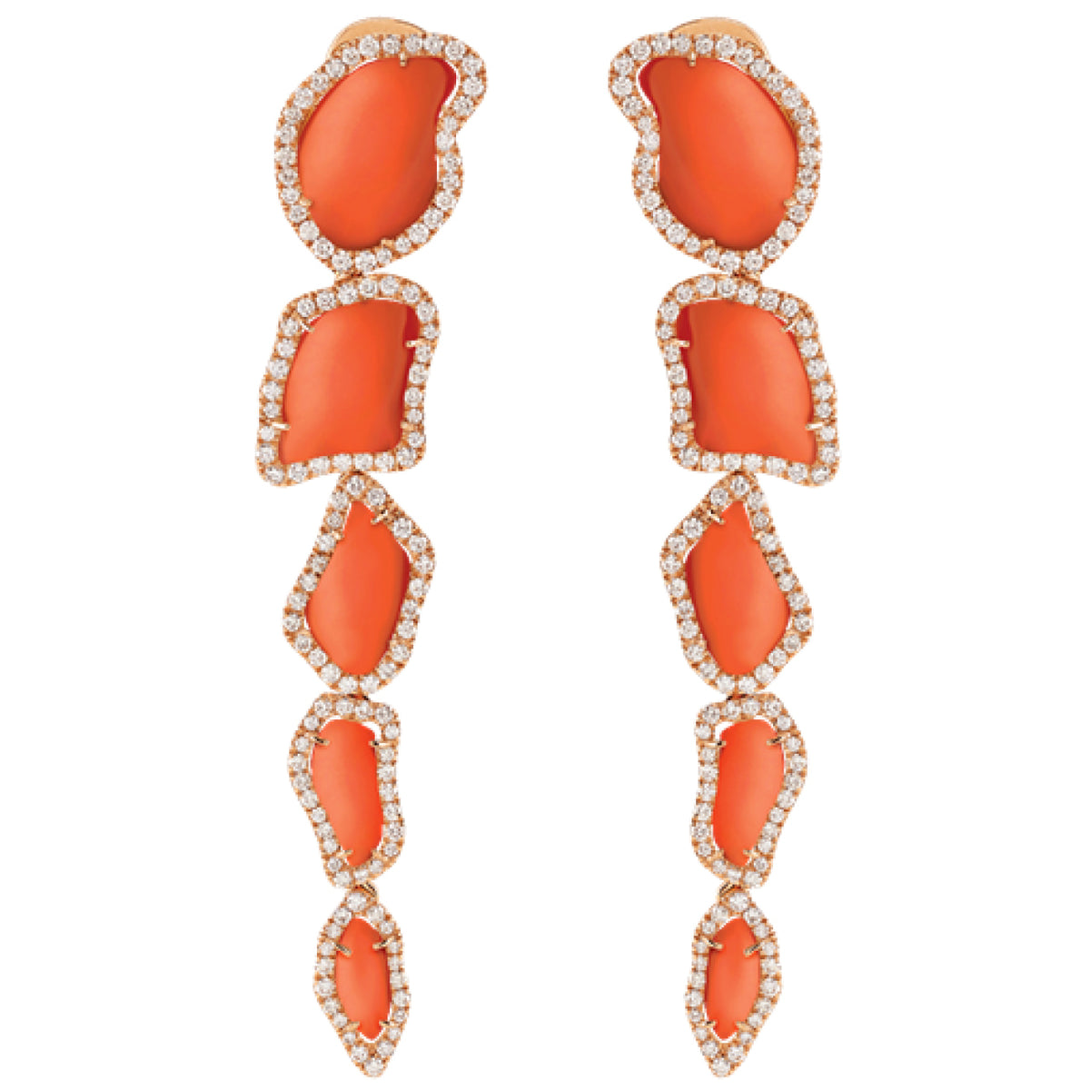 Chantecler Capri Jewelry - Enchanté 18K Rose Gold Red Coral and Diamond Long Drop Earrings | Manfredi Jewels