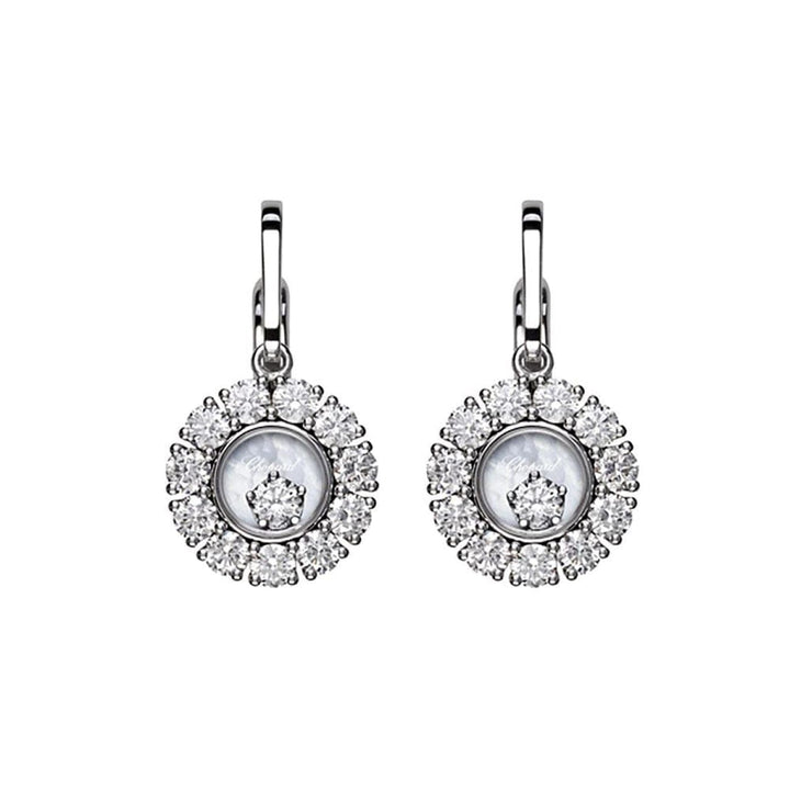 Chopard Jewelry - Happy Diamonds Ethical White Gold Mother of Pearl Dangling Diamond Pavé Earrings | Manfredi Jewels