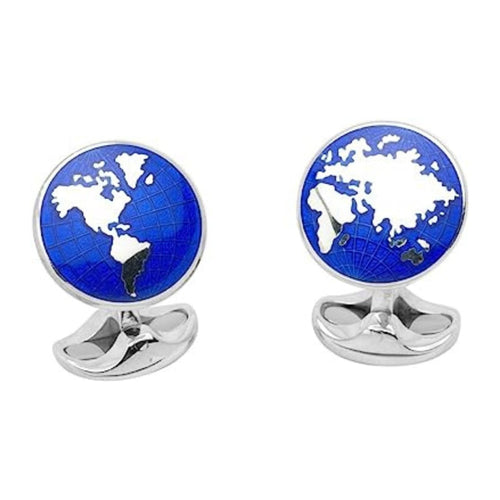 Deakin & Francis Accessories - Sterling Silver Round Blue Enamel World Cufflinks | Manfredi Jewels