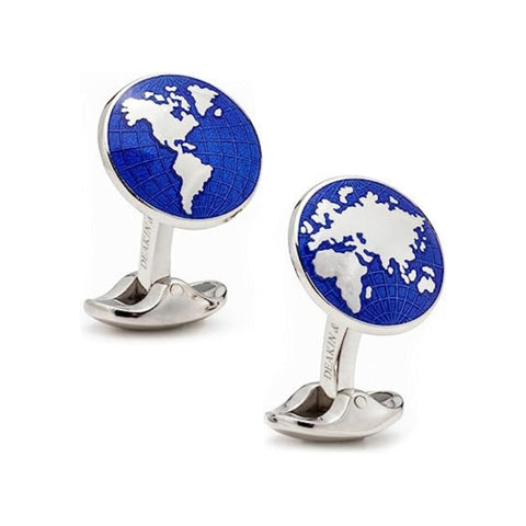 Sterling Silver Round Blue Enamel World Cufflinks