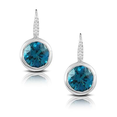Doves Jewelry - 18KT WHITE GOLD BEZEL SET ROUND FACETED LONDON BLUE TOPAZ EARRINGS WITH DIAMONDS | Manfredi Jewels