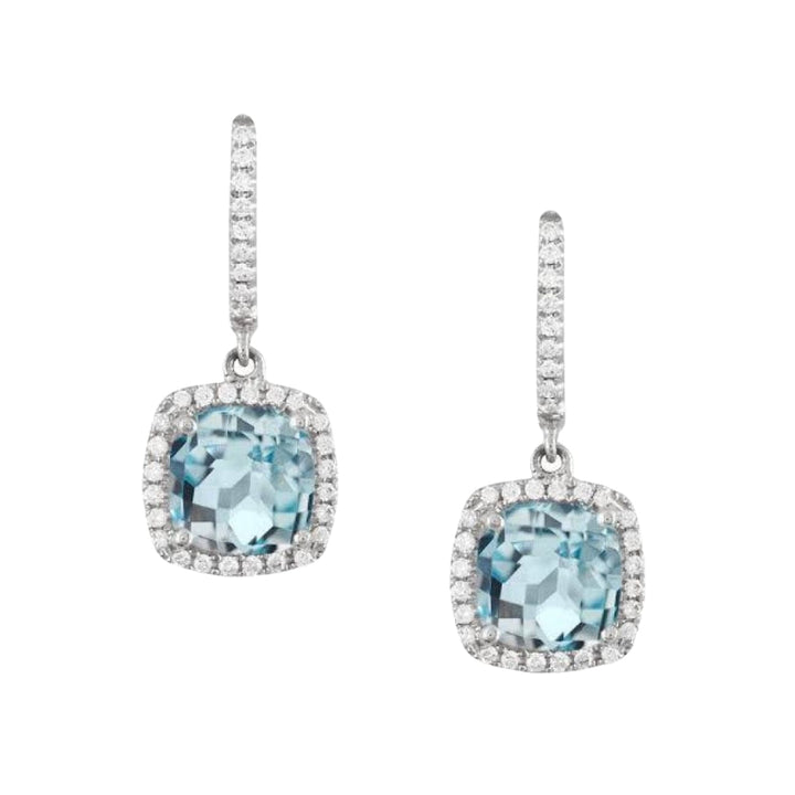 Doves Jewelry - 18K White Gold Aquamarine & Diamond Halo Drop Earrings | Manfredi Jewels
