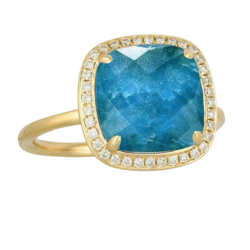 Doves Jewelry - Clear Quartz and Apatite Diamond Halo 18KT Yellow Gold Ring | Manfredi Jewels