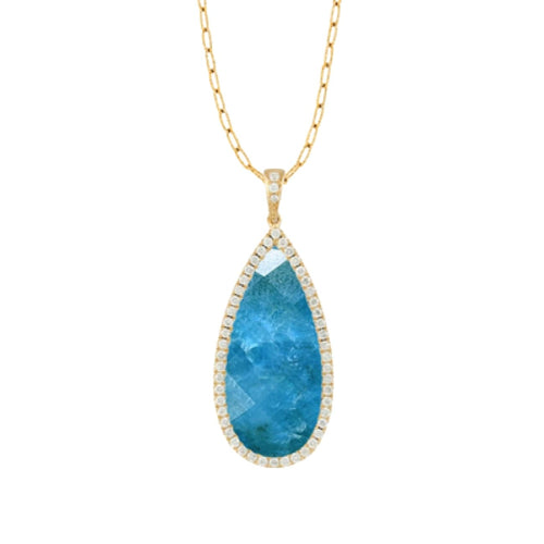 Doves Jewelry - Laguna Blue 18K Yellow Gold Acqua Apatite Halo Diamond Pendant With Paperclip Chain Necklace | Manfredi Jewels
