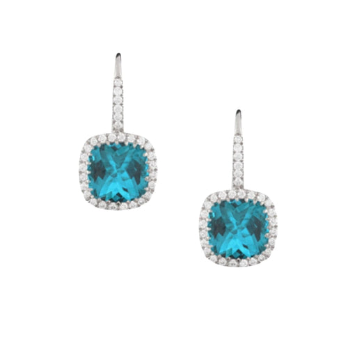 Doves Jewelry - London Blue 18K White Gold Topaz Diamond Halo Drop Earrings | Manfredi Jewels