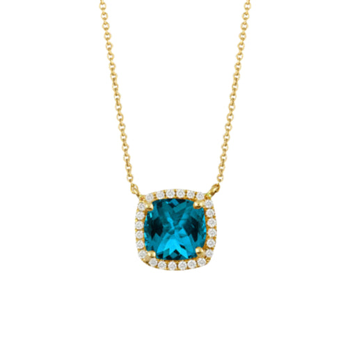 Doves Jewelry - London Blue 18K Yellow Gold Topaz & Diamond Halo Necklace | Manfredi Jewels