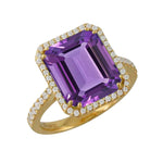 Doves Jewelry - Viola 18K Yellow Gold Purple Amethyst Halo Pavé Diamond Ring | Manfredi Jewels