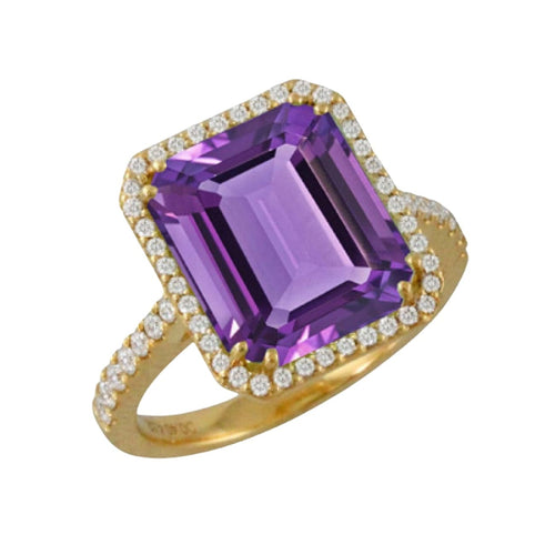 Doves Jewelry - Viola 18K Yellow Gold Purple Amethyst Halo Diamond Ring | Manfredi Jewels