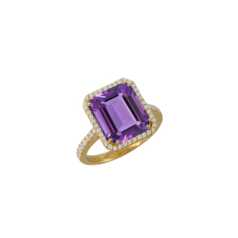 Doves Viola 18k Yellow Gold Purple Amethyst Halo Pavé Diamond Ring ...