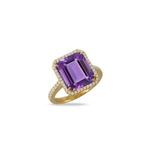 Doves Jewelry - Viola 18K Yellow Gold Purple Amethyst Halo Pavé Diamond Ring | Manfredi Jewels