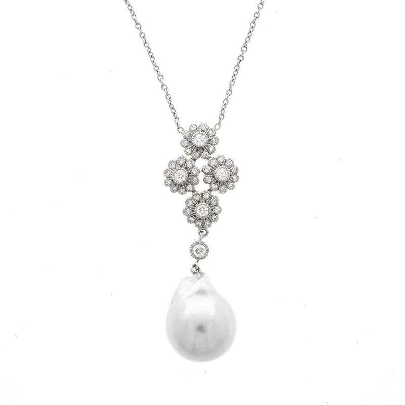 Estate Jewelry Estate Jewelry - 18K White Gold Floral Diamond and Pearl Pendant Necklace | Manfredi Jewels